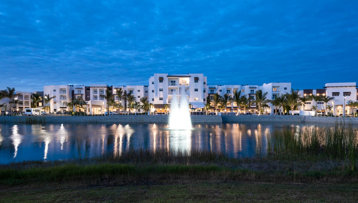 69 Nighttime View Of Our Signature Fountain In Front Our Casual Dining Restaurant Lakeside Grille.
